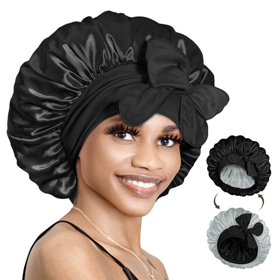 Double Layer Reversible Silky Satin Bonnet with Tie Band Black Silver