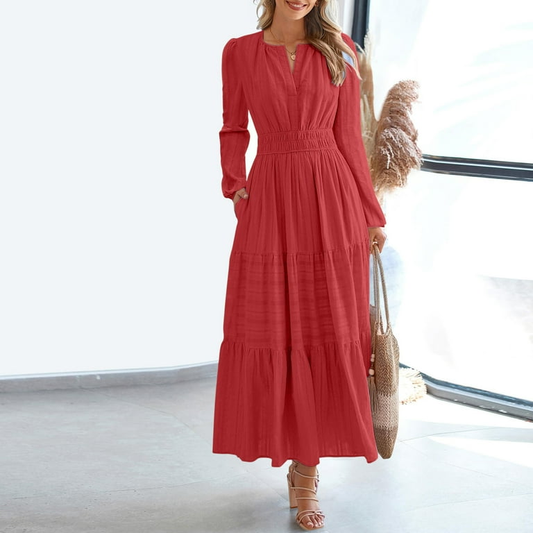 Fall Dresses for Women 2025 Casual Lightweight Long Sleeve V Neck Elastic  Waist Dress Boho Holiday Maxi Dress - Walmart.com