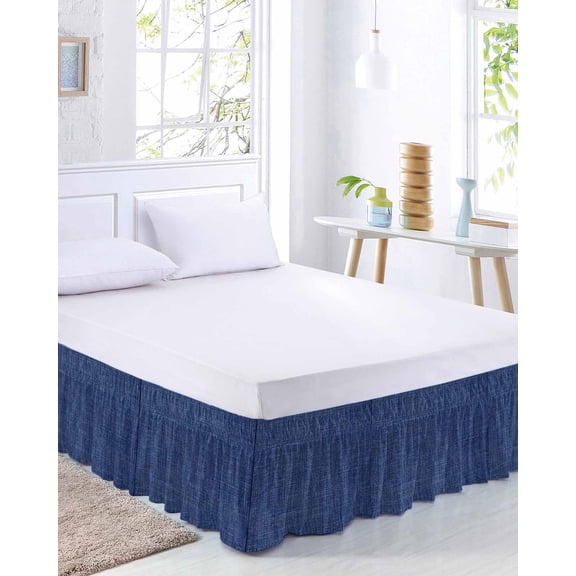Navy Blue Linen Bed Skirt Queen Size 16 Inch Drop, Farmhouse Pure Color Country Vintage Adjustable Elastic Dust Ruffles Bedskirt for Queen Bed Wrap Around Pleated Mattress Frame Cover