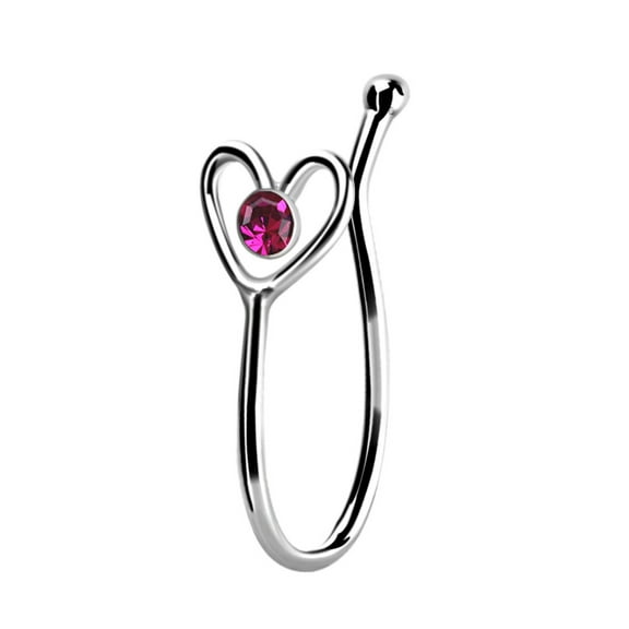 iJewelry2 Fuchsia Round Crystal Sterling Silver Illusion Stud Heart Shaped Nose Lip Non-piercing Bone Ring Clip