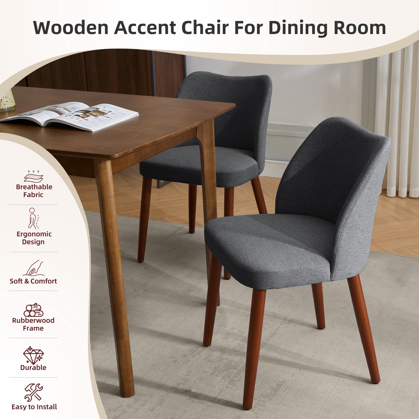 OUTGOODS Set of 2 Modern Dining Chairs, Linen Upholstered, Wood Legs