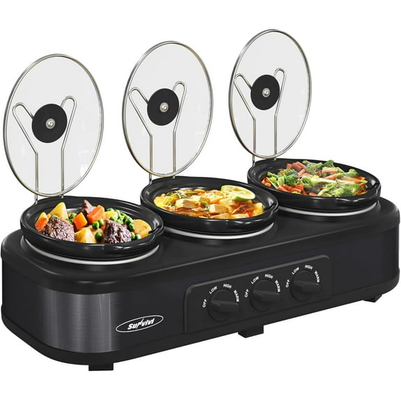 Superjoe Triple Slow Cooker Buffet Servers and Warmer,3 Pot Food Small Mini Manual Slow Cooker with Adjustable Temp Stainless Steel Lid Rests,Removable Ceramic Pot,4.5 QT