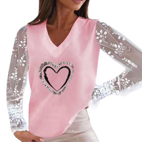 Valentine T Shirts for Women Lover Heart Graphic Printed Long Sleeve V Neck Tunic Tops Lightweight Casual Valentines Gift Loose Tees Blouses