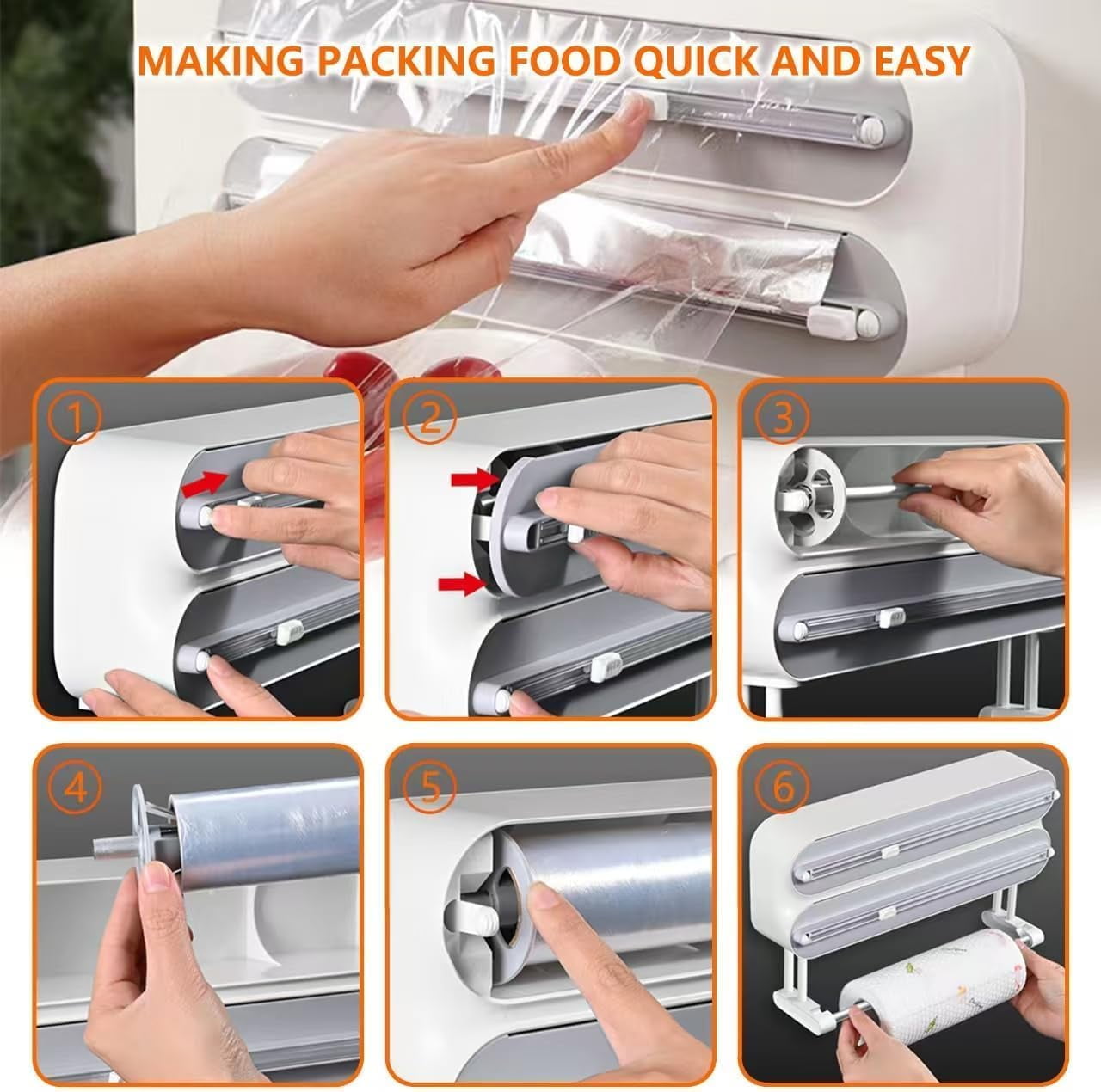 3 in 1 Wrap Organizer with Cutter Includes 2 Rolls of Plastic Wrap and Aluminum Foil Dispenser，Magnetic Paper Towel Holder for Fridge，foil and Plastic wrap Organizer，Magnetic Paper Towel Holder