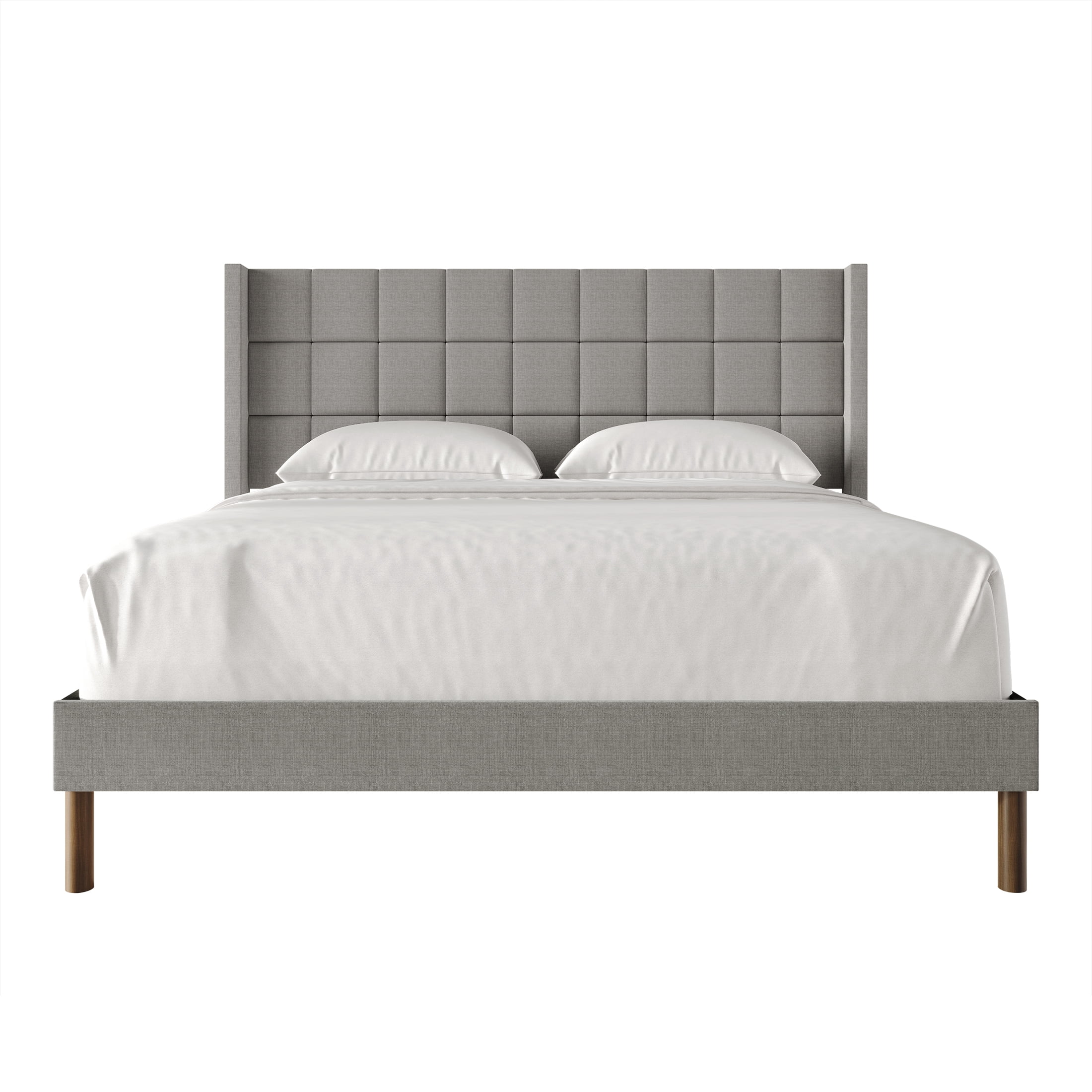 Castle Place Square Grid Stitched Linen Wingback Queen Platform Bed, Light Grey
