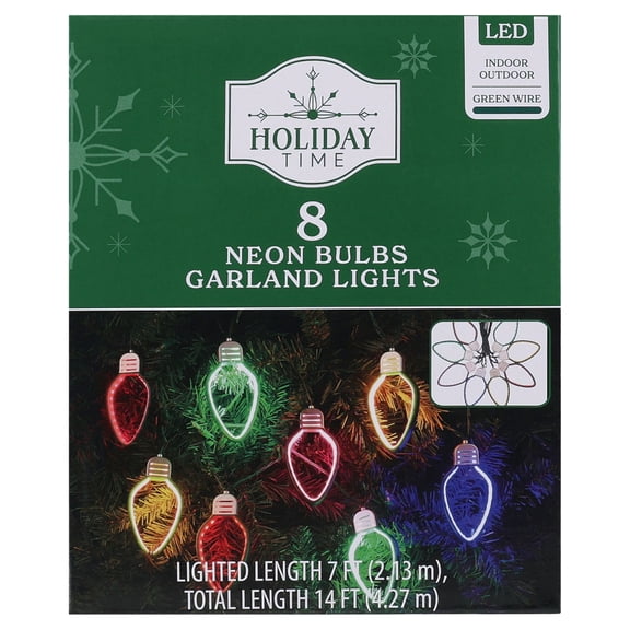 Indoor/Outdoor 8-Count LED Neon Bulbs Christmas Garland Lights, Multicolor, Green Wire, 7', by Holiday Time