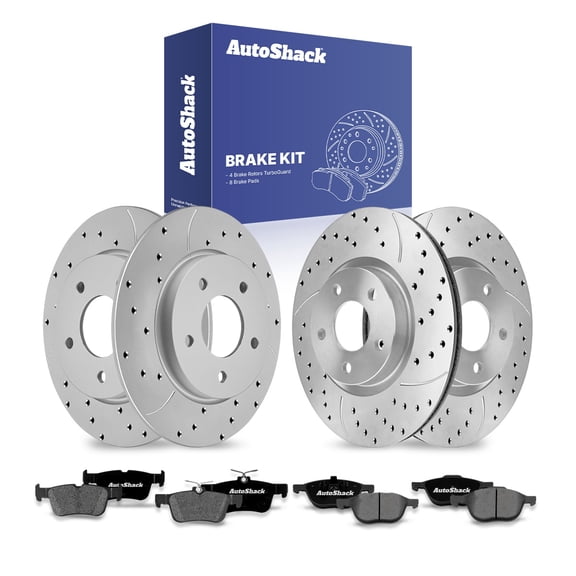 AutoShack Front Vented & Rear Solid Drilled & Slotted Coated Brake Rotors Silver Matte Finish   Premium Ceramic Pads 12-PC Brake Kit Replacement for 2005-2012 Mazda 3 TurboGuard
