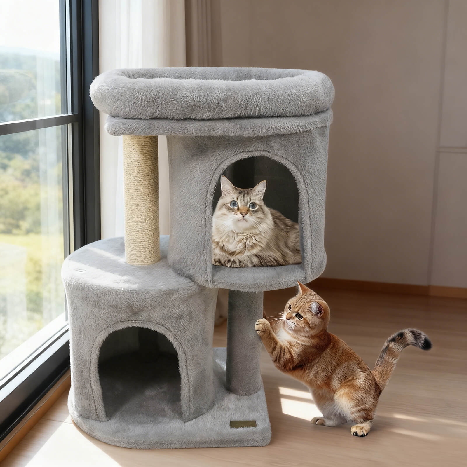 Costway 26” Small Cat Tree with Large Padded Plush Perch, 2 Condos, Sisal Scratching Posts Light Gray