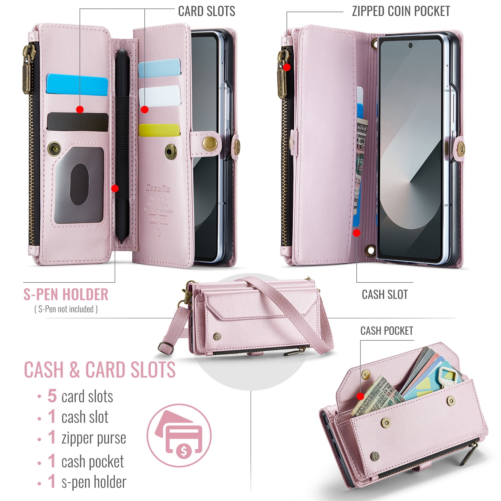 for Samsung Galaxy Z Fold 7 Full Body Protection Wallet Folio Flip Case, Shoulder Strap & Wristlet Card Slots Zipper Pocket RFID Blocking Rugged Durable PU Leather Phone Case Cover, Pink