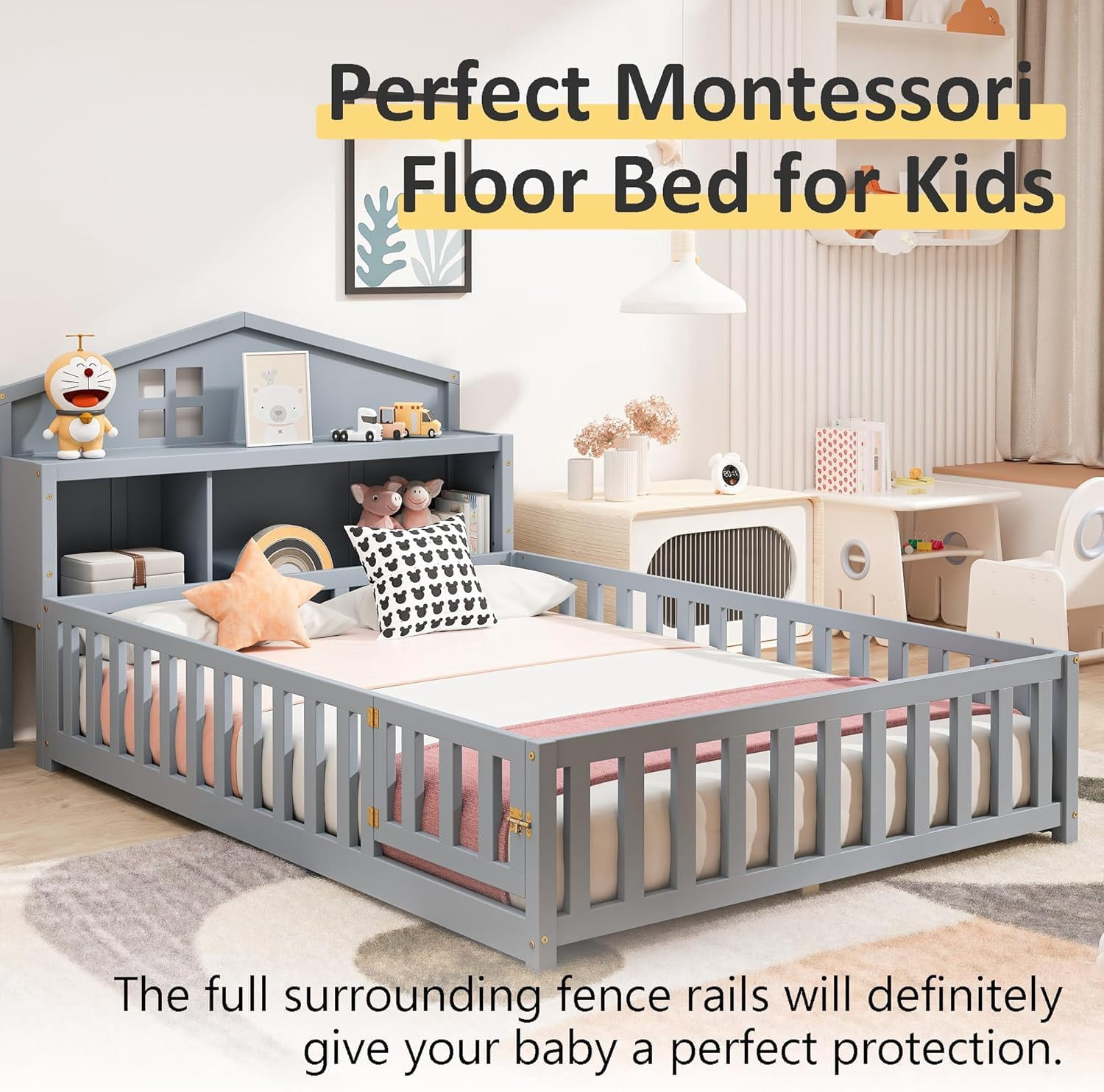 Mirightone Full Montessori Floor Bed with Storage Headboards and Guard rails, Montessori Bed Frame with Blackboards for Kids Teens, Gray