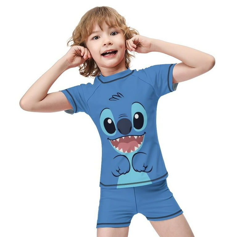 Cute Stitch Boys 2 Piece Swimsuit Set Short Sleeve Rash Guard Swim Trunks
