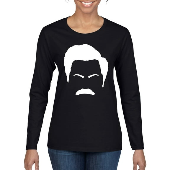 Wild Bobby, White Parks and Rec Fans Ron Swanson Mustache Face Silhouette, Pop Culture, Women Graphic Long Sleeve Tee, Black, Small