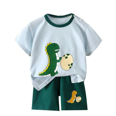 XUELUO Toddler Boys Outfit Sets Summer Cartoon Dinosaur Print Crew Neck Short Sleeve T Shirts Tops And Elastic Waist Shorts 2 Piece Casual Sports Daily-Wear Green 2-3 Years