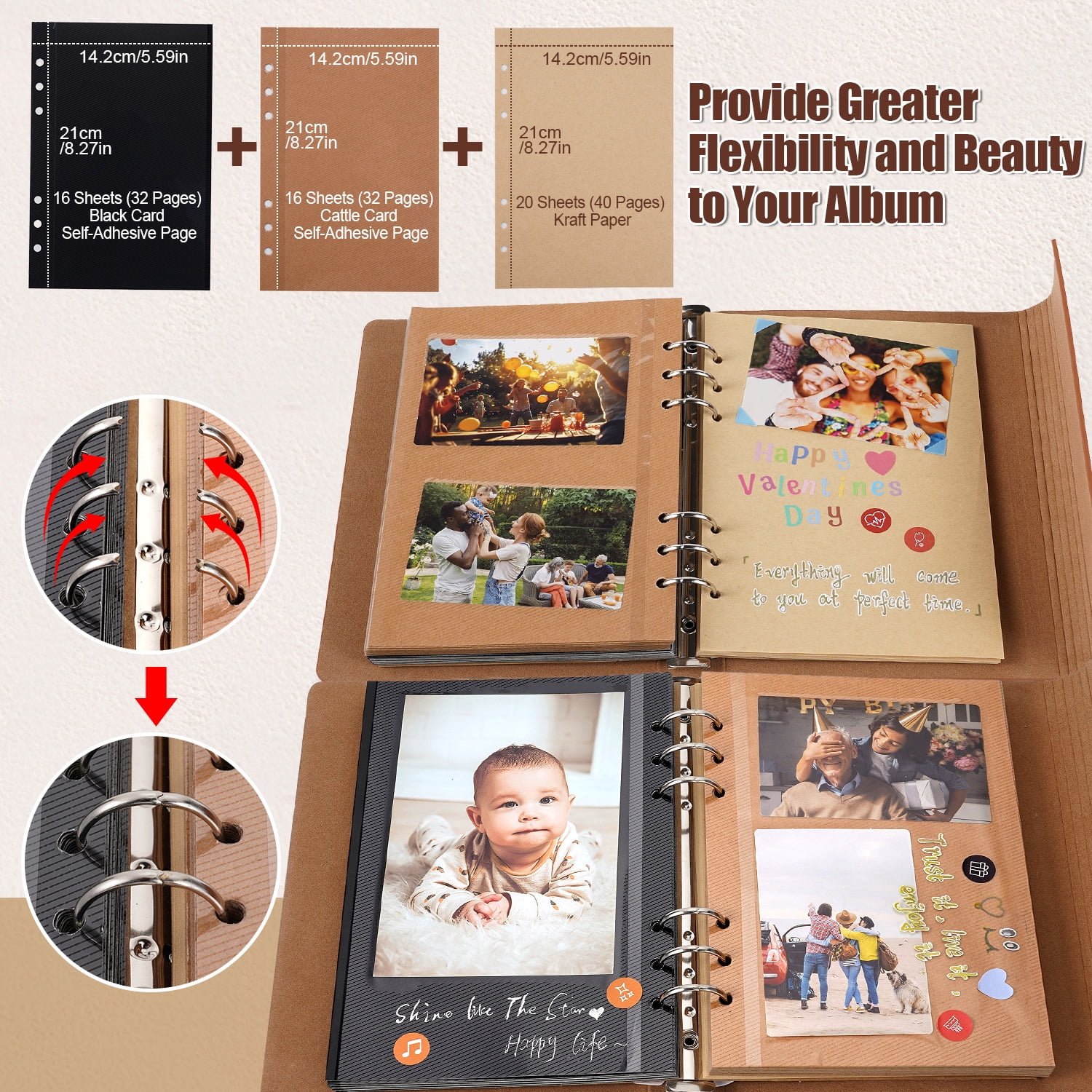 TJT 104 Pages Scrapbook Album, Self Adhesive Photo Album DIY Photo Book, Leather Memory Book for Wedding Baby Family Travel Birthday Christmas Brown