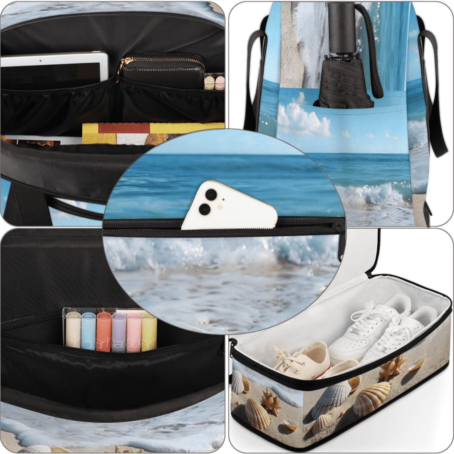Herdesigns Beach Seashell Starfish Foldable Travel Duffel Bag with Shoe Compartment, Weekend Overnight Carry On Bags for Men Women, Large Sports Gym Luggage