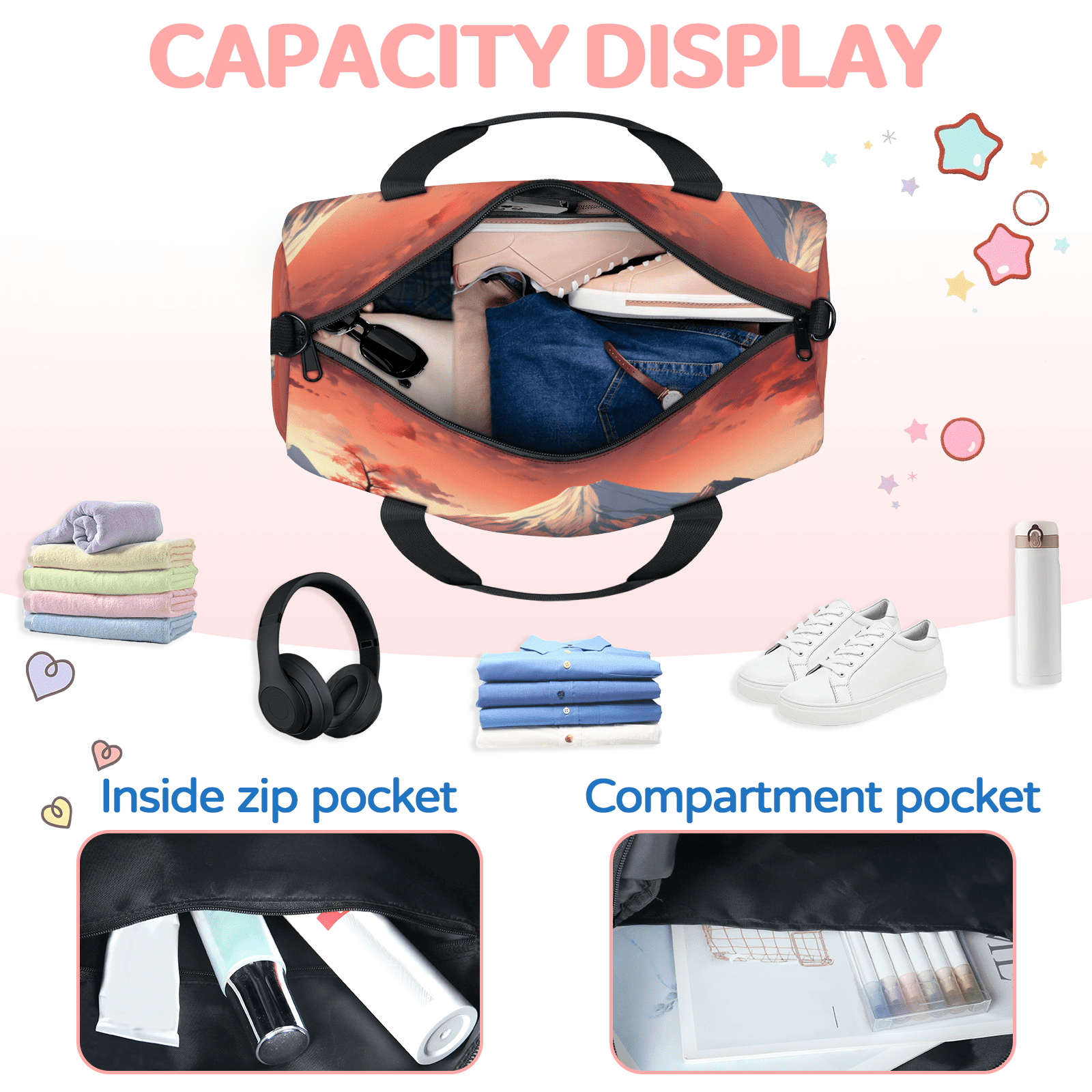 Herdesigns Japanese Art Gym Bag for Women, Duffle Bag for Travel Sport, Japanese Theme Lightweight Waterproof Carry on Weekender Dance Yoga Workout Bags