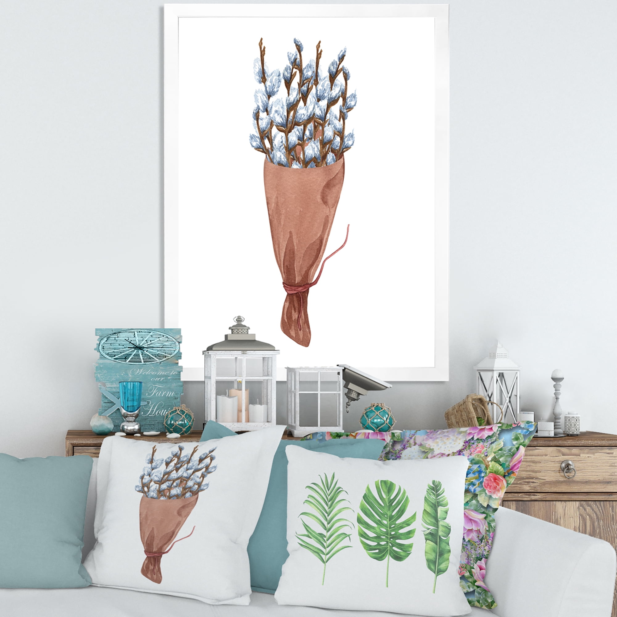 Designart 'Bunch of White Pussy Willow Twigs I' Farmhouse Framed Art Print