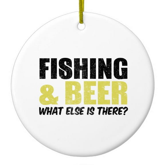 DistinctInk Hanging Ceramic Christmass Tree Ornament with Gold String - Great Gift / Present - 2 3/4 inch diameter - Fishing & Beer. What Else is There?