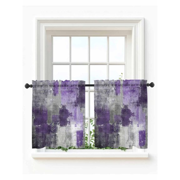 Purple Grey Tier Curtains 36 Inch Length,Sheer Curtains for Bedroom Living Room,Modern Oil Painted Abstract Art Aesthetics Rod Pocket Voile Drapes Kitchen Curtains for Small Window 27.5"x36" 2 Panels