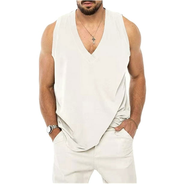 Men's Cotton Linen Tank Top Shirts Casual Sleeveless V Neck TShirt Gym Workout Athletic Vest