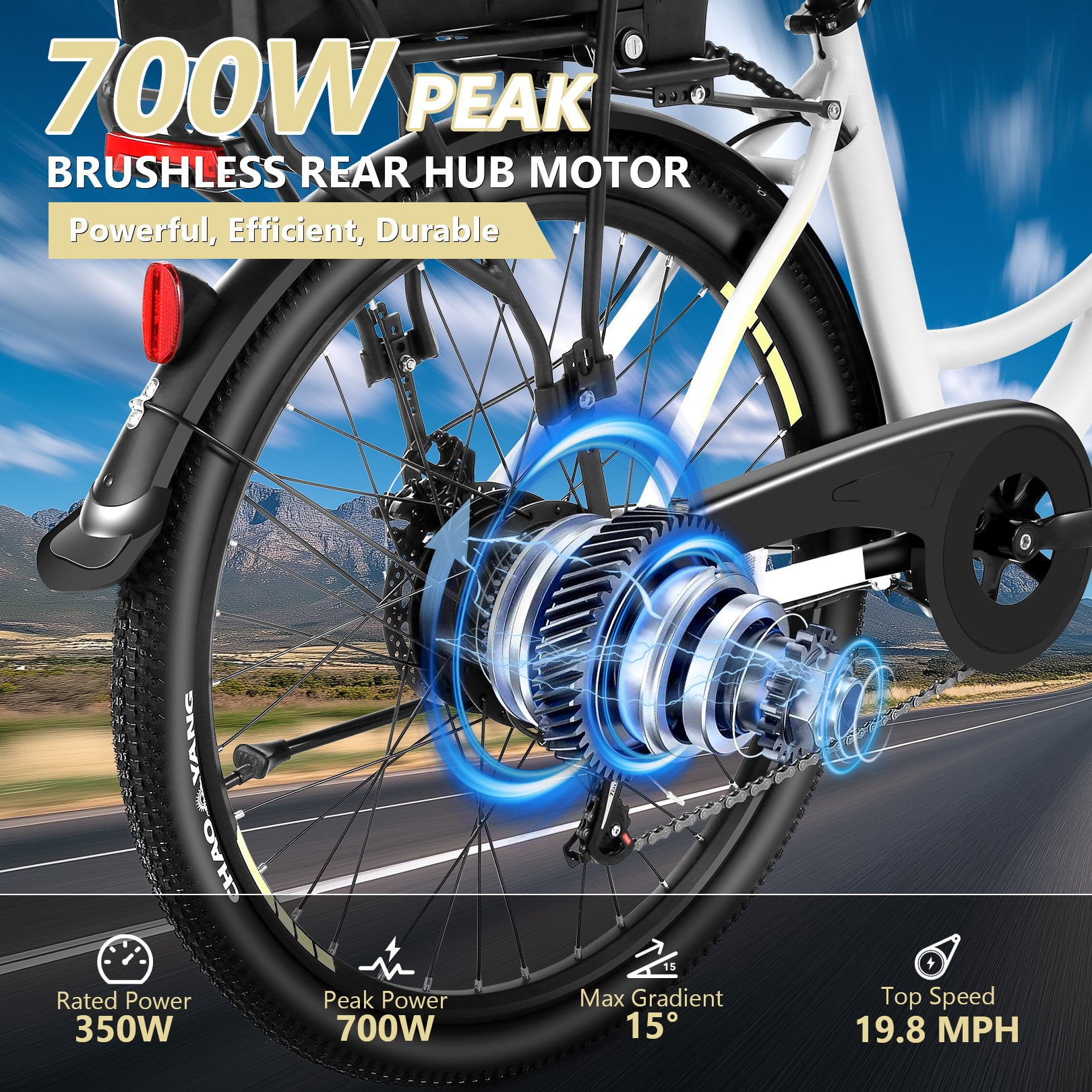 Gocio 26" Peak 700W Low Frame Electric Bike for Adults, Long-Lasting 48V 10.4Ah Battery, LCD Display, 5 Riding Modes, Headlight and Taillight, 7 Speeds Commuter Women Ebike, City Cruiser Ebike, White