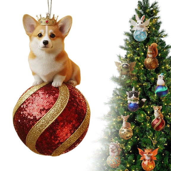 5PCS Christmas Animal Ornament Balls,Xmas Tree Animal Ball Ornament,Vivid 2D Acrylic Animal Decoration,for Animal Lovers,Party Centerpiece Mantel,Fall Winter Home Decor(Corgi)