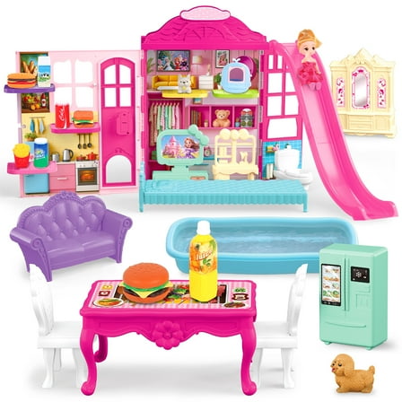Beefunni Dollhouse for Girls, Portable & Foldable Dollhouse with Furnitures and Accessories, Doll House Toy Playset, Birthday Gift for Kids Toddlers