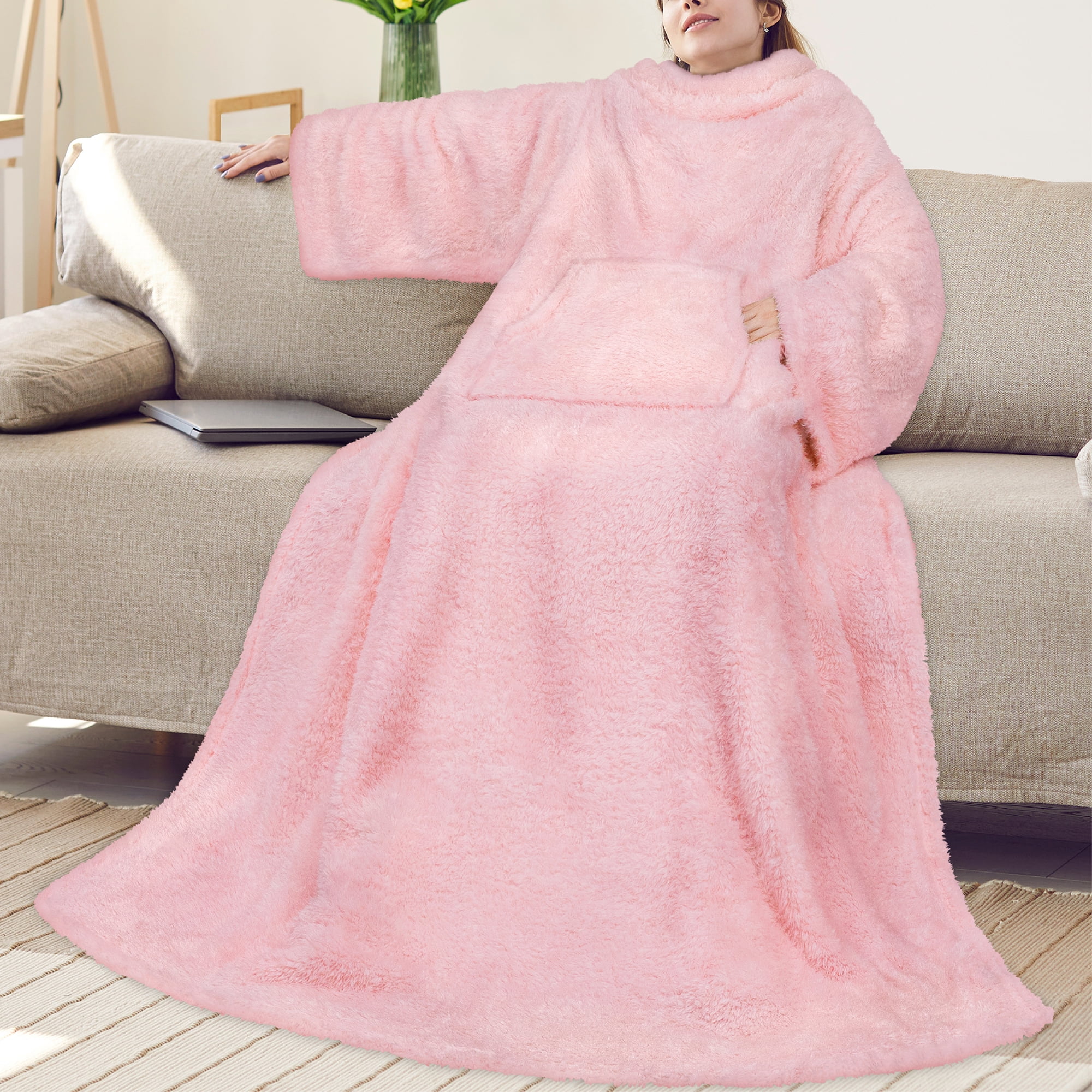 PAVILIA Fluffy Blanket with Sleeves Women Men Adults, Wearable Blanket Plush Soft Fuzzy, Hug Sleep Pod Snuggle Pocket Sleeved TV Throw, Sherpa Fleece Warm Cozy Shaggy Gifts Ideas Mom Wife, Light Pink