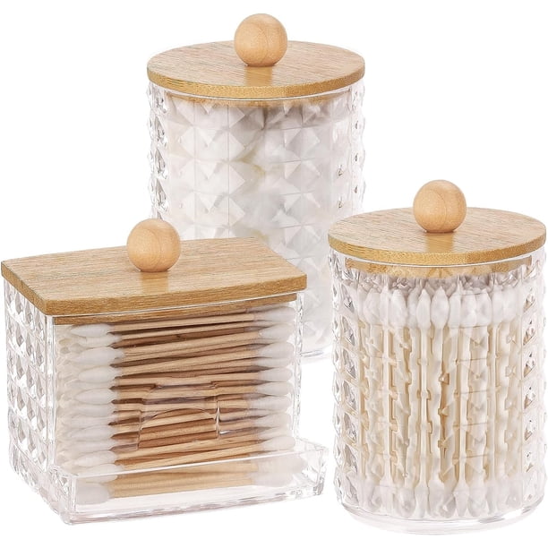 Recipiente para baño con 3 unidades de hisopos y porta bastoncillos de algodón, dispensador de 10/7 oz, tarro de boticario con tapas de bambú para organizador de almacenamiento de baño