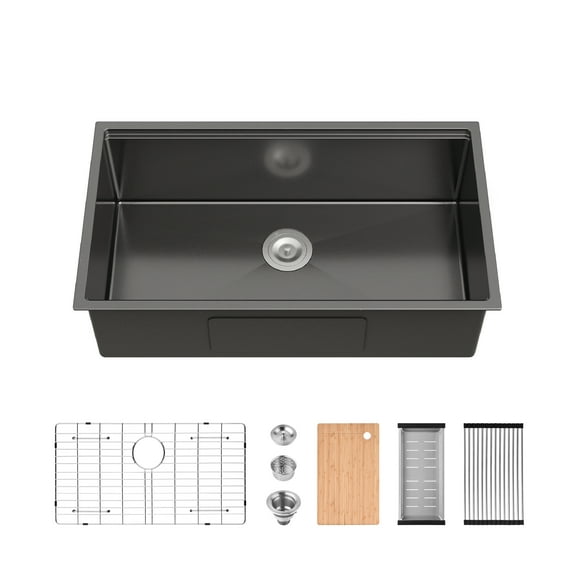 Acpouw Kitchen Sink 33"x19" Multifunctional undermount Flying Rain Waterfall S304 Stainless Steel Handmade Modern Single Bowl Kitchen Sink Black