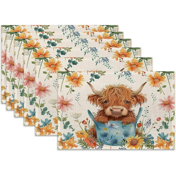 Highland Cow Placemats Set of 6 Linen Heat Resistant,Cute Flowers Table Mats Washable Rustic Place Mats Decoration for Home Kitchen Dining Room Party 12x18 Inch