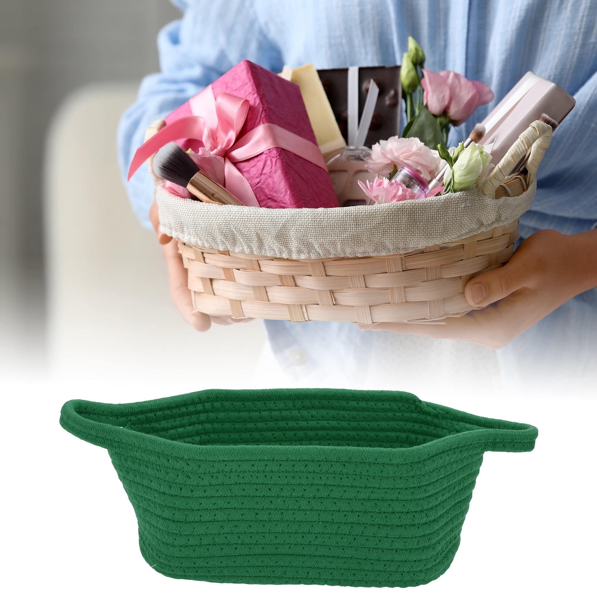 Unique Bargains Woven Empty Gift Decorative Basket with Gift Bag and Ribbon Blackish Green
