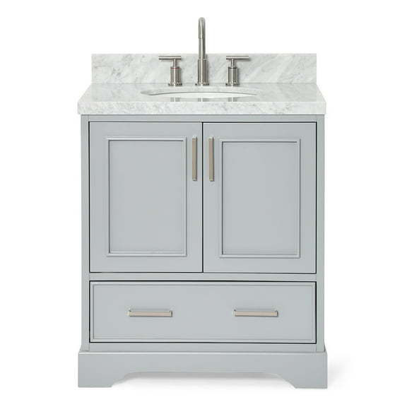 Ariel Stafford 30.5 In. Single Oval Sink Vanity With Carrara White Marble Countertop W/1.5" Edge In Grey