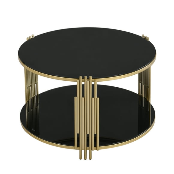 Elrachen Modern Black Mirror Coffee Table - 31.5" Round Asymmetrical Metal Design with Gold Finish & Lower Shelf - Stylish Tempered Glass Top, 3-Legged Drum Base, 120 lbs Capacity