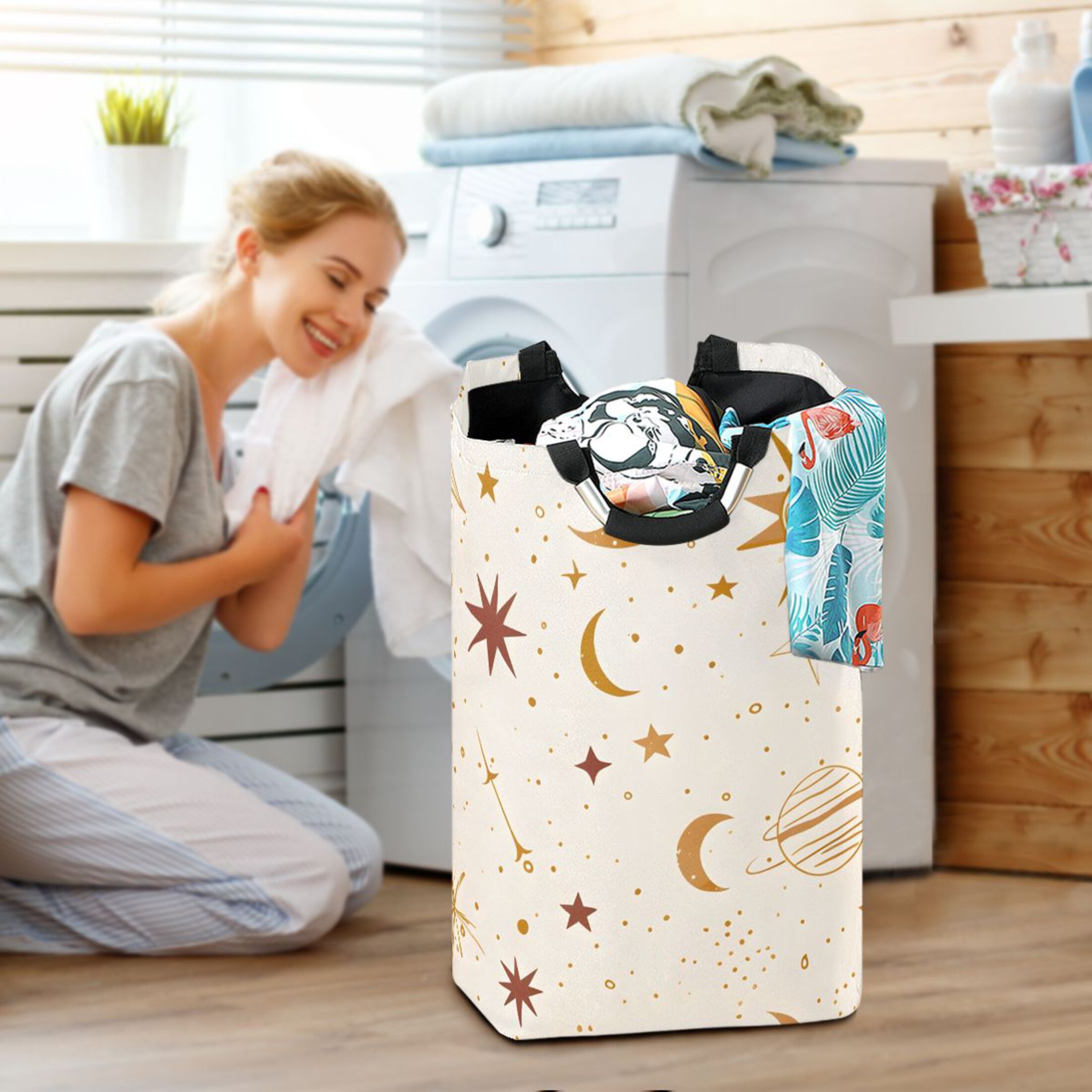 Moon Sun Stars and Planets Laundry Basket with Handles Foldable Laundry Hamper Freestanding Washing Bin 50L