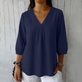 thumbnail image 7 of ClodeEU Women's Summer 3/4 Sleeve V Neck Linen Shirt, Lightweight Tunic Top Loose Blouse Navy,Womens Plus L, 7 of 7