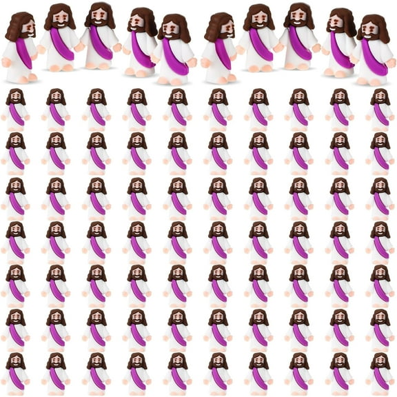 100 Pcs Little Jesus Figures in Bulk Back to School Gift Toys Sunday Prizes Purple Little Small Jesus Figurines Religious Party Favors Decor Supplies to Hide and Seek Baptism Stuffers