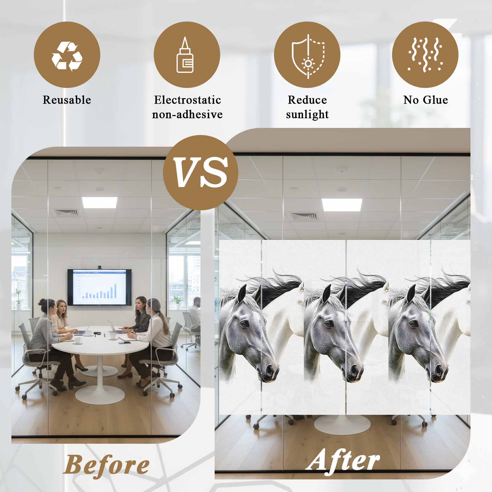 Horse Print Window Privacy Film, Modern Watercolor Grey White Animals Static Cling UV Sun Blocking Heat Control Window Tint Day and Night, Non-Adhesive One Way Windows Privacy Cover 17.7''x78.7''