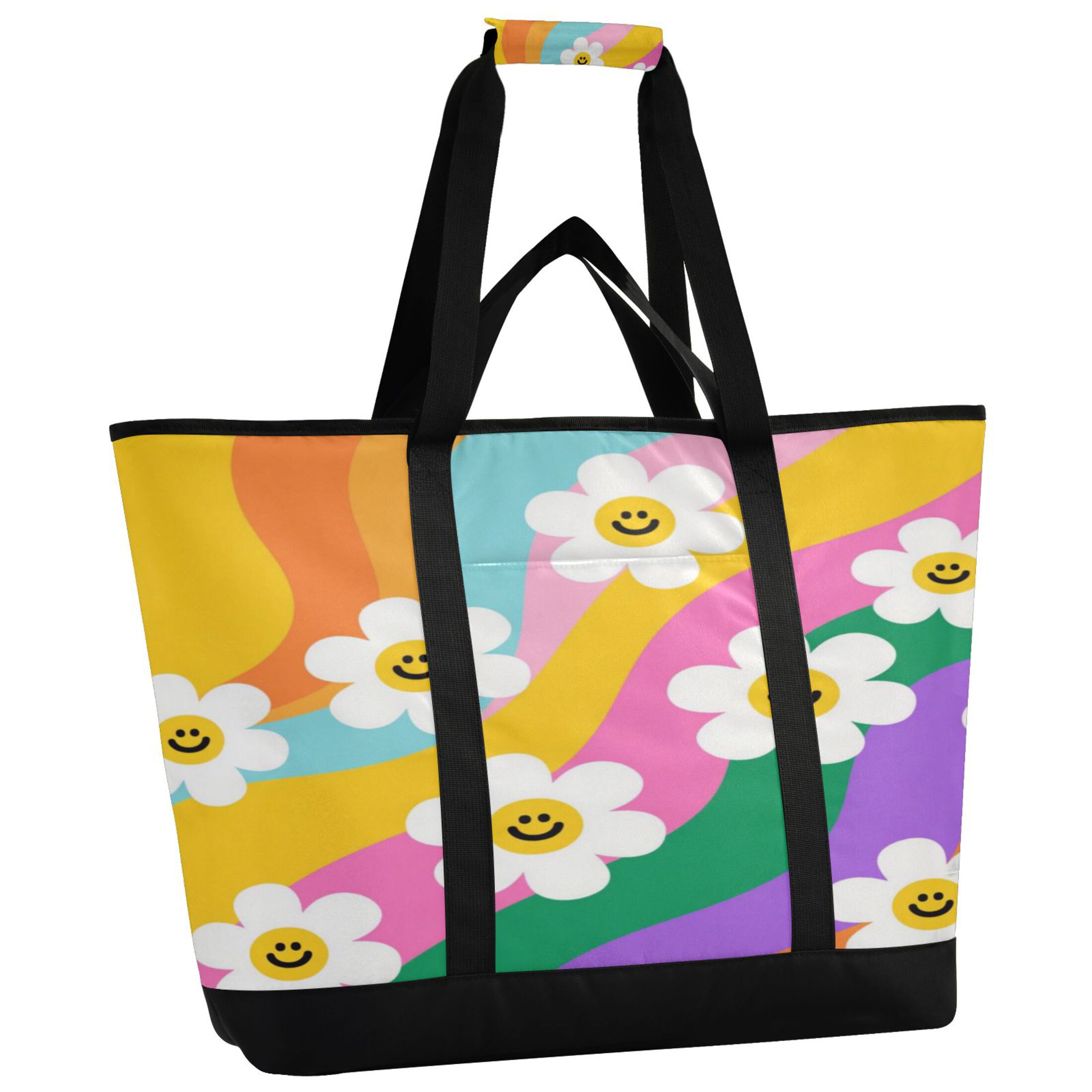 Extra-Large Wide Opening Design Capacity Hand-Held Ice Pack Thickened Insulation Layer For Long-Lasting Cold Retention For Outdoor Shopping Picnics And Camping Smiley Daisy on Rainbow Background