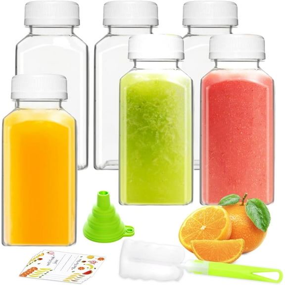 Superior Hub Plastic Juice Bottles, Reusable Juice Containers with White Tamper Proof Lids, Brush, Funnel and Labels, Clear Juice Containers for Juicing, Smoothie and Homemade Beverages (6PCS 8oz)