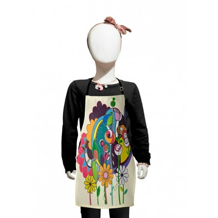 Floral Kids Apron, Grunge Style Surreal Artwork of Various Colorful Flowers Creative Graphic, Boys Girls Apron Bib with Adjustable Ties for Cooking Baking Painting, Eggshell Multicolor, by Ambesonne