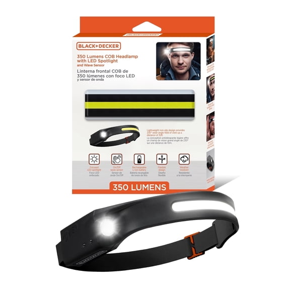 BLACK DECKER COB Rechargeable Head Lamp with LED Spotlight and Wave Sensor, 350 Lumen