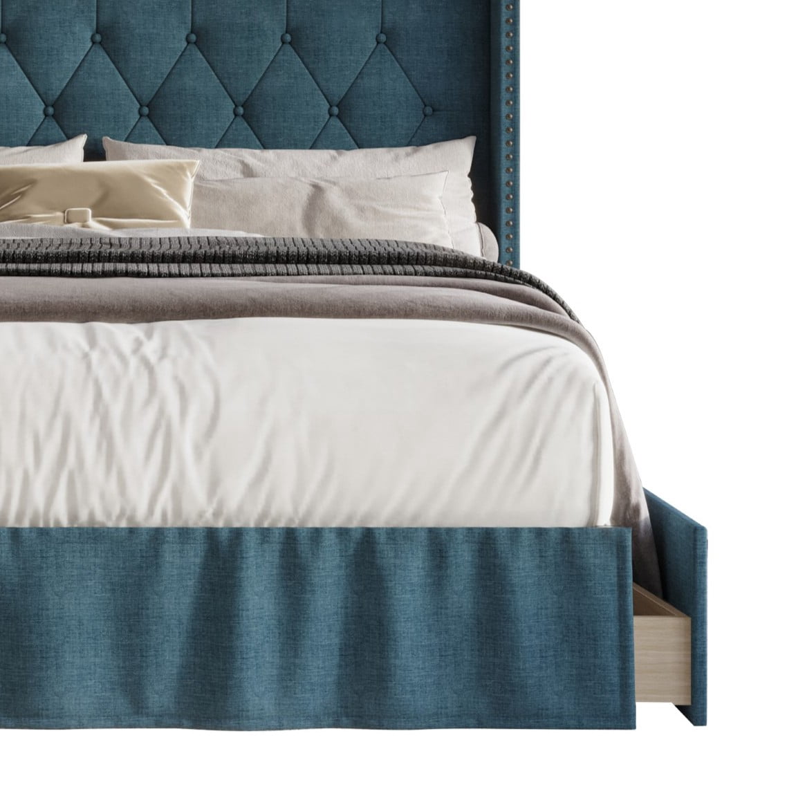 Home Design Andrea Full Upholstered Storage Panel Bed Frame, Button Tufted Linen Wingback Headboard, Denim Blue – Modern Adult Bedroom Furniture