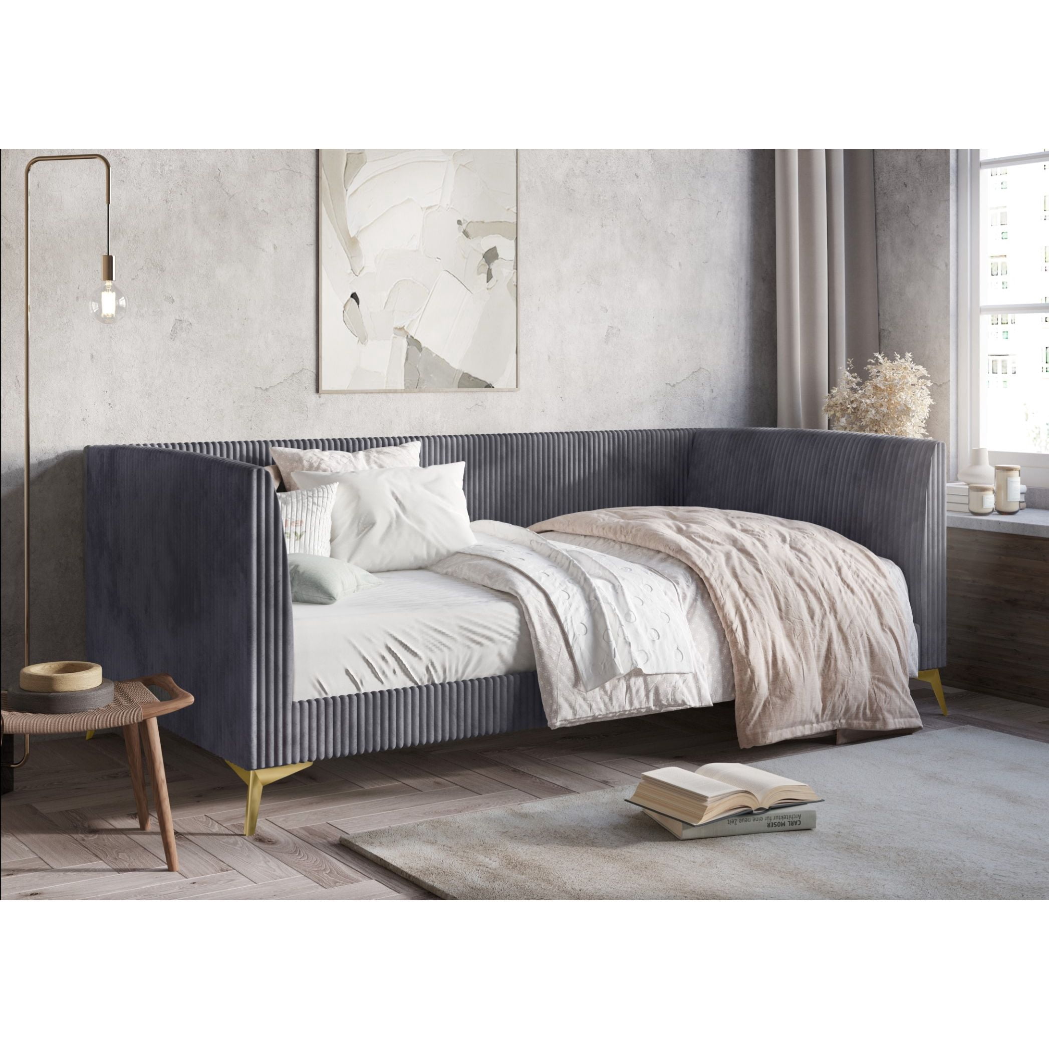 Home Design Elsie Twin Daybed with Corduroy Velvet Upholstery, Vertically Stitched Tufting, Stylish and Versatile Seating or Sleeping Solution, Gray