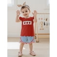 thumbnail image 5 of BemeyourBBs Toddler Baby Girls Summer Clothes Kids Baby Girl Back to School Pre Kindergarten Outfits Apple Embroidered Flying Sleeve T Shirt Tops Ruffled Striped Shorts Set, 5 of 9