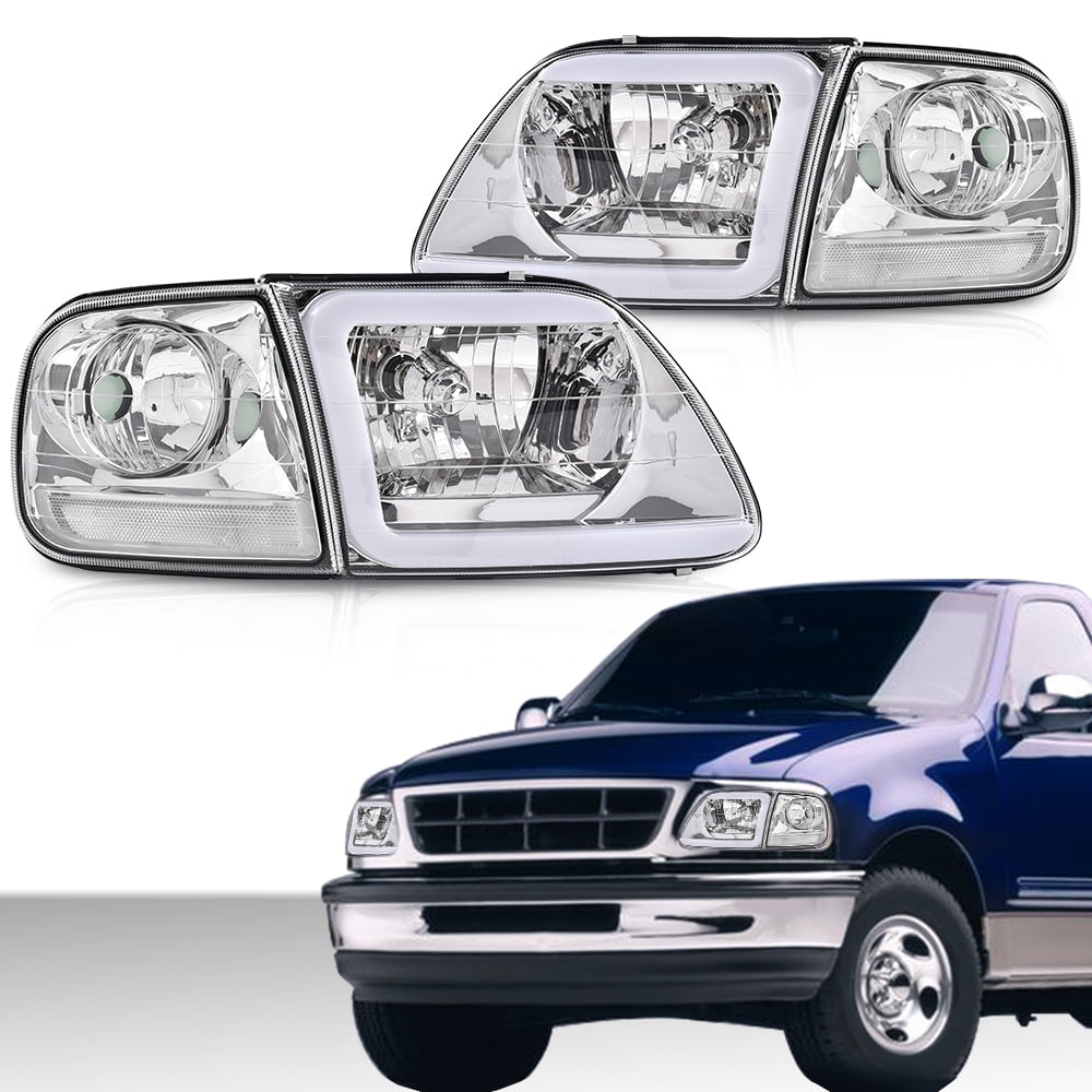 PIT66 Fit For 1997-2004 Ford F150 C STYLE LED Strip Headlights Headlamps Clear/Chrome