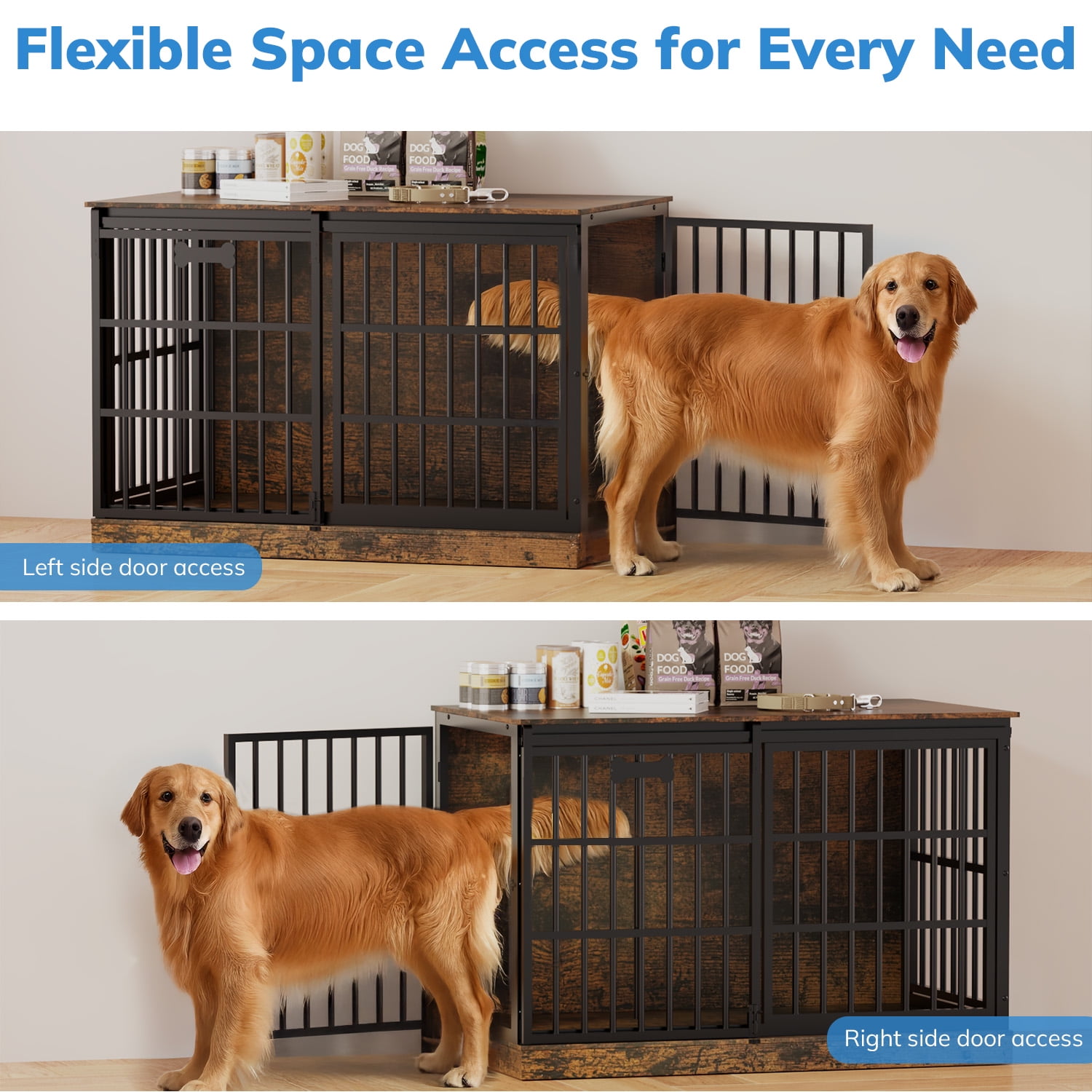 Behost 47" Dog Crate Furniture for Large Dogs, Indoor Dog Cage Kennel with Customizable Nameplate, 3-Sided Access, Rustic Brown