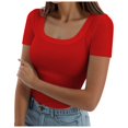 thumbnail image 1 of XDZJLR T-Shirt Femme Été Manches Courtes Col Carré Côtelé Ajusté Décontracté, 1 of 5