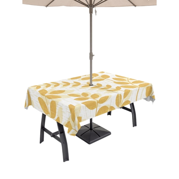 52x70 Inch Outdoor Tablecloth with Umbrella Hole Zipper Rectangle Turmeric Yellow Leaves Rectangular Tablecloths Waterproof Summer Farmhouse Botanical Boho Branch Patio Table Cloth Cover for Picnic