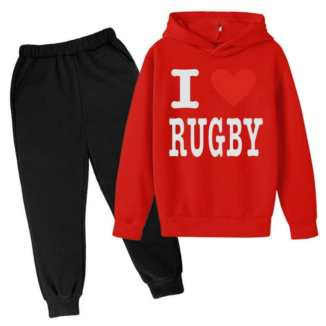 TBWNWG Ensembles et Ensembles pour Garçons Chandail à Capuchon de Football à Lettres Imprimées Pantalon Décontracté Deux Pièces Mode Sports Joueur de Rugby Rétro Chandail à Enfiler pour Enfants, Tailles 5-6 Ans